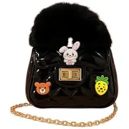 spocco | Kids Quilted Handbag with Fur Handle & Cartoon Charms - Stylish Shoulder Kids Mini Hand Bag/Cross body bag/Sling bag with Golden Chain for Girls | Birthday Gift | Return Gift for Girl | 70-picture-26