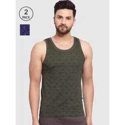 SPORTO Men Pack Of 2 Navy Blue & Olive Green Printed Cotton Innerwear Gym Vests-picture-38