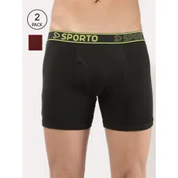 SPORTO Men Pack Of 2 Olive & Maroon Solid Cotton Trunks-picture-23