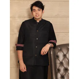 Spring Soul Black Cotton Mandarin Collar Flared Short Kurta-image-9