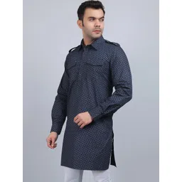 Spring Soul Geometric Printed Shirt Collar Cotton Pathani Kurta-image-45
