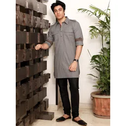 Spring Soul Grey Cotton Pathani Shirt Collar Straight Kurta-image-31