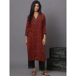 Spring Soul Maroon Cotton Straight Fit Printed Kurta-image-5