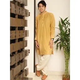 Spring Soul Mustard Yellow Cotton Jacquard Mandarin Collar Flared Kurta-image-22
