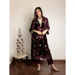 Spring Soul Wine Velvet A-Line Embroidered Kurta-image-3