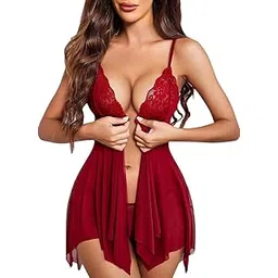 sprintx Women's Front Open Lingerie Babydoll Set, Lace Top and Panty, Honeymoon Nightwear Maroon-picture-29