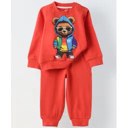 Spunkies Cotton Knit Full Sleeves Teddy Bear Printed Winter Sweatshirt & Joggers Set - Red-picture-11