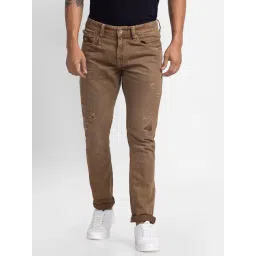 Spykar Brown Cotton Slim Fit Distressed Jeans-picture-12