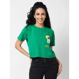 Spykar Green Graphic Print Crop T-Shirt-image-27