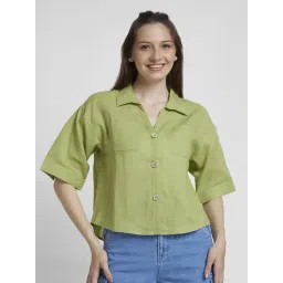 Spykar Green Viscose Slim Fit Cropped Shirt-image-36