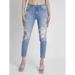Spykar Light Blue Cotton Distressed Mid Rise Jeans-picture-16