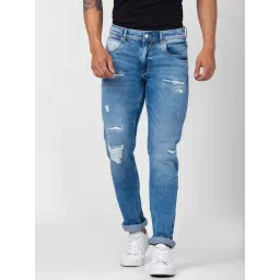 Spykar Light Blue Cotton Regular Fit Distressed Jeans-picture-23