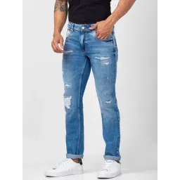 Spykar Light Blue Cotton Regular Fit Distressed Jeans image 3