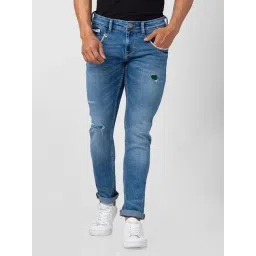 Spykar Mid Blue Cotton Slim Fit Distressed Jeans-picture-14