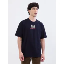 Spykar Navy Blue Cotton Oversized Graphic Print T-Shirt-image-2