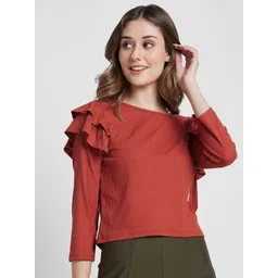 SPYKAR Self Design Boat Neck Ruffles Detail Cotton Top-picture-40