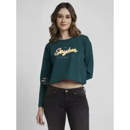 Spykar Teal Graphic Print Crop Sweatshirt-picture-11