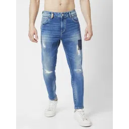 Spykar Vintage Blue Cotton Slim Fit Distressed Jeans-picture-34