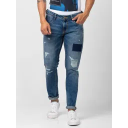 Spykar Vintage Blue Cotton Slim Fit Distressed Jeans-picture-28