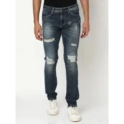 Spykar Vintage Blue Cotton Slim Fit Distressed Jeans-picture-18