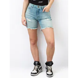 SPYKAR Women Cotton Washed Mid-Rise Distressed Denim Shorts-picture-32