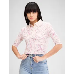 SPYKAR Women Floral Printed Polo Collar Tropical Slim Fit T-shirt-picture-36