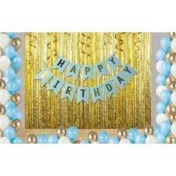 sqe Solid HAPPY BIRTHDAY LETTER BLUE BANNER SET +PACK OF 30 HD METALLIC BALLOONS [BLUE WHITE GOLD +2 GOLDEN CURTAINS [PACK OF 33] Balloon-picture-10