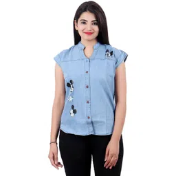 SQS Women Blue Mickey Mouse Print Denim Top-picture-34