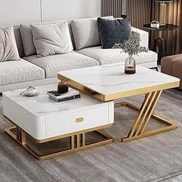 Square Center Table Set of 2, Nesting Coffee Tables with Drawer, Marble Finish Top & Strong Metal Frame for Stylish Living Room & Home Furniture (White & Gold)-image-38