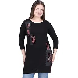 sr style rose Women's Black Cotton Long T-Shirt Top with Leaf Print and 3/4 Sleeves – Casual Tunic for Jeans & Leggings-picture-53