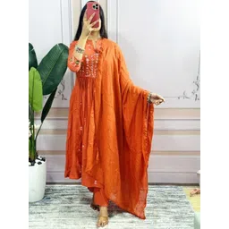 SRF JAIPUR Women Floral Embroidered Empire Thread Work Pure Cotton Kurta with Trousers & With Dupatta-picture-15