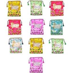 Sri Yagnaa - Pack of 10 - Gomatha Design Potli Bags - Fabric Potli Bags - Women's Silk Drawstring Closure - Gift Pouches - for Return Gifting (Multi-Color)-picture-19