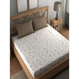 Srijee Decors Brown & White Floral 210 TC Fitted King Bedsheet With 2 Pillow Covers-picture-22