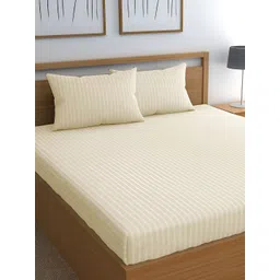 Srijee Decors Cream-Coloured Striped Fitted 210 TC King Bedsheet with 2 Pillow Covers-picture-20