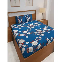 Srijee Decors Navy Blue & White Floral 210 TC Fitted King Bedsheet with 2 Pillow Covers-picture-23