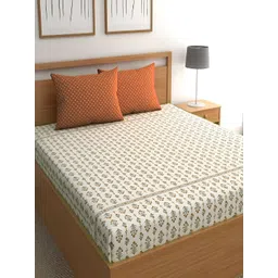 Srijee Decors Orange & Grey Floral 210 TC Fitted King Bedsheet with 2 Pillow Covers-picture-39