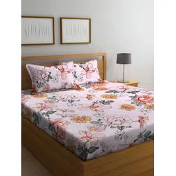 Srijee Decors Peach & White Floral Fitted 210 TC King Bedsheet with 2 Pillow Covers-picture-21