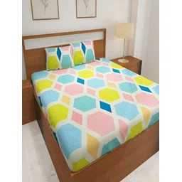 Srijee Decors White & Blue Geometric 210 TC Fitted King Bedsheet with 2 Pillow Covers-picture-14