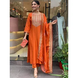 SRILICA Women Ethnic Motifs Embroidered Silk Kurta with Trousers & Dupatta-picture-22