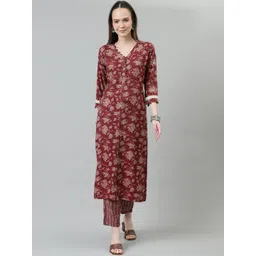Sringam Floral Printed V-Neck Kurta With Trousers-picture-20