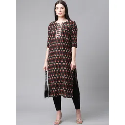 Sringam Women Black & Red Geometric Printed Cotton Straight Kurta-picture-16