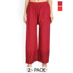 SRISARAS Women Pack Of 2 Ethnic Motif Embroidered Relaxed Fit Cotton Parallel Trousers-picture-37
