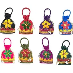 srishopify handicrafts SriShopify Handcrafted Handmade Cotton Apliq Work Multi Color Embroidered Potli Jewellery Natural Kaudi Shells Gift Bag for Wedding Birthday | Baby Shower | Mundan Festival Combo Pack Of-picture-22
