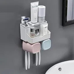 SRXES Acrylonitrile Butadiene Styrene (ABS) Toothbrush Holder with Automatic Toothpaste Dispenser, Multi Space Saving Toothbrush Organizer with 2 Cups, 4 Brush Slots No Drill Need (2 Cup, White)-picture-30