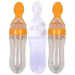 ss sales Baby Squeezy Food Grade Silicone Bottle Feeder with Soft Silicon|Spoon Feeder|Ceralac Feeder|Rice Paste Milk Food Feeder 90 ML (Squeezy Feeder - Yellow White )- SILICONE image 1