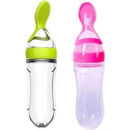 ss sales Baby Squeezy Food Grade Silicone Bottle Feeder with Soft Silicon|Spoon Feeder|Ceralac Feeder|Rice Paste Milk Food Feeder 90 ML (Squeezy Feeder - Pink & Green) (Pack of 2) - Silicone (Pink & Green) New Born Flow Nipple-picture-12