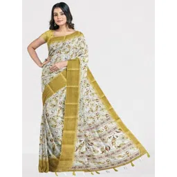 SSHAGUN LIFESTYLE Beige & Yellow Floral Print Bollywood Cotton Blend Saree-picture-18