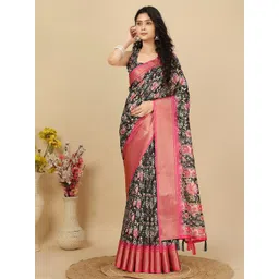 SSHAGUN LIFESTYLE Black Printed Hand Batik Cotton Silk Saree-picture-21