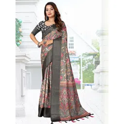 SSHAGUN LIFESTYLE Grey & Black Embellished Printed Floral Print Bollywood Cotton Silk Saree-picture-32