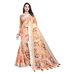 SSHAGUN LIFESTYLE Orange Embellished Floral Print Woven Bollywood Cotton Silk Saree-picture-23